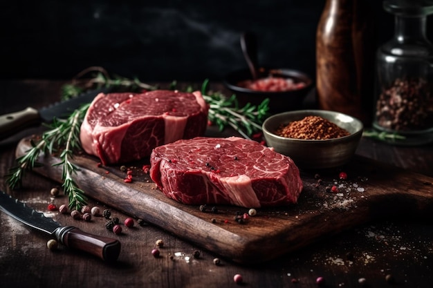 Zwei rohe Steaks auf einem Holzschneidebrett mit Gewürzen an der Seite