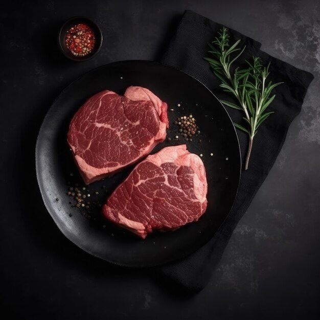 Zwei rohe Steaks auf einem schwarzen Teller mit einer roten Paprika als Beilage.