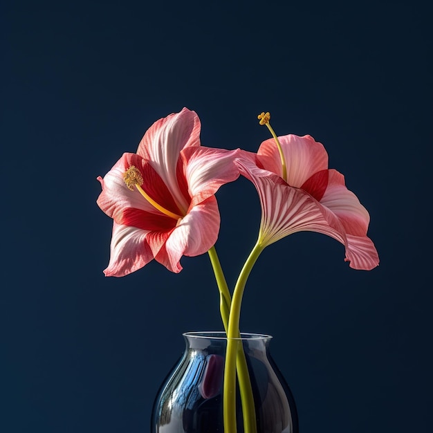 Zwei rosa Blumen in einer Vase mit blauem Hintergrund.