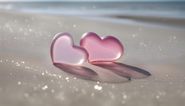 Foto zwei rosa herzen mit einer reflexion der sonne im wasser