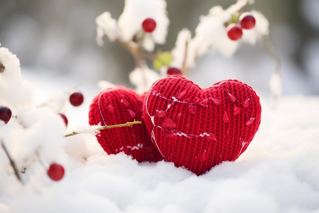 Zwei rote gestrickte Herzen im Schnee Valentinstag Hintergrund