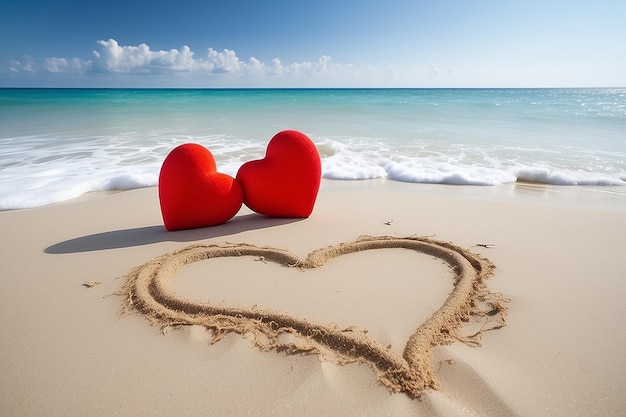 Zwei rote Herzen am Strand symbolisieren die Liebe Valentinstag romantisches Paar ruhiger Ozean im Hintergrund
