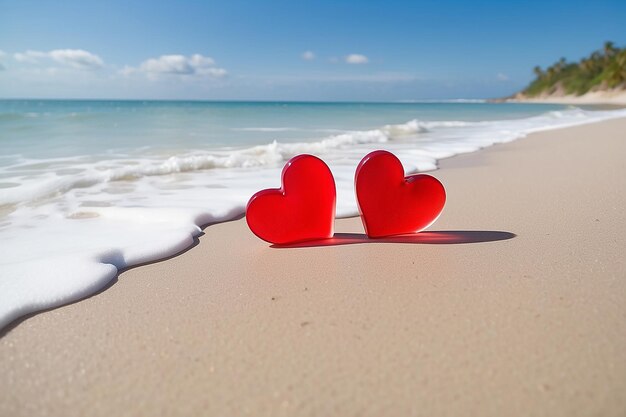 Zwei rote Herzen am Strand symbolisieren die Liebe Valentinstag romantisches Paar ruhiger Ozean im Hintergrund