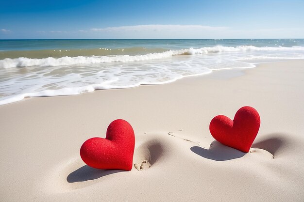 Zwei rote Herzen am Strand symbolisieren die Liebe Valentinstag romantisches Paar ruhiger Ozean im Hintergrund