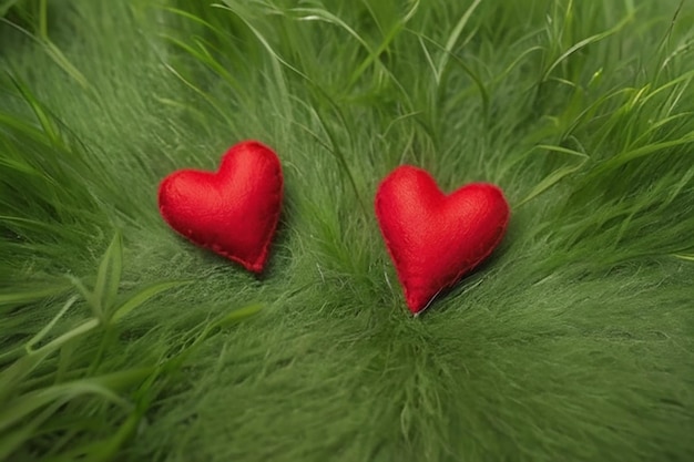 Foto zwei rote herzen auf dem gras und grün fühlte sich romantisch am valentinstag