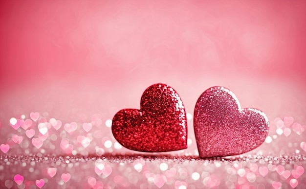 Zwei rote Herzen auf rosa Hintergrund mit dem Wort „Love“ oben drauf.