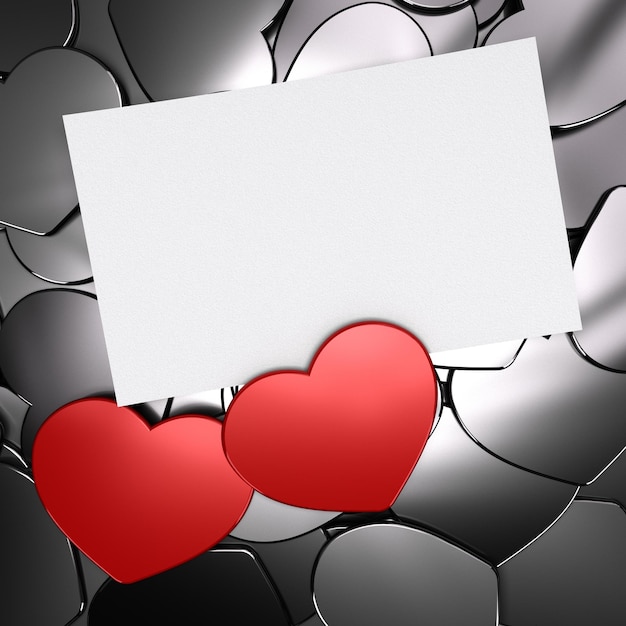 Zwei rote Herzformen über grauen. Symbol der Liebe. Leidenschaftskarte mit Leerzeichen für Nachricht. Vorderansicht