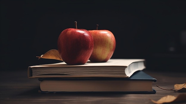 Zwei rote Äpfel liegen auf einem Stapel Bücher.