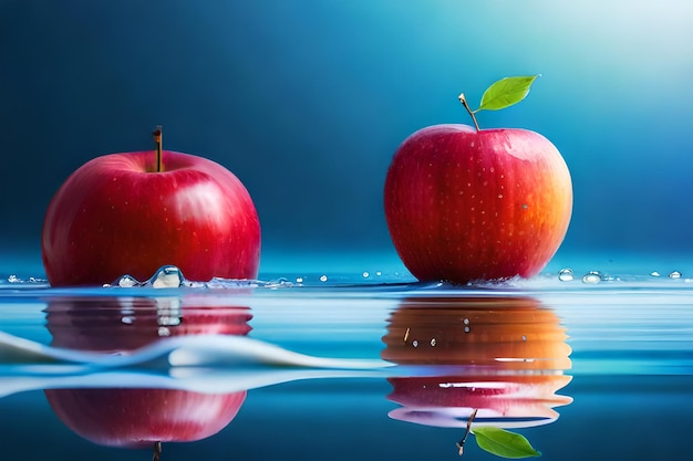 Zwei rote Äpfel sitzen auf einer blauen Oberfläche mit Wassertropfen und den Worten Apfel auf der linken Seite