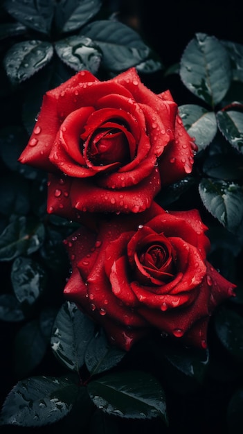 Foto zwei rote rosen mit wassertropfen darauf