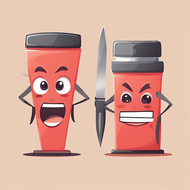 Zwei rote und braune Cartoon-Kaffeetassen mit einer Tasse Kaffee im flachen Design-Stil, Vektorgrafik
