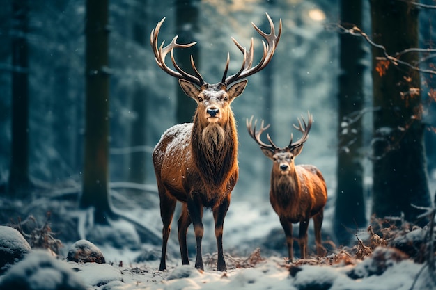 zwei Rothirsche im Wald