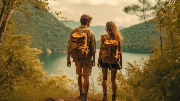 Zwei Rucksacktouristen gehen einen Wanderweg entlang, im Hintergrund ein See