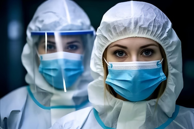 Zwei Ärzte in Schutzanzügen und Masken stehen in einem dunklen Raum.
