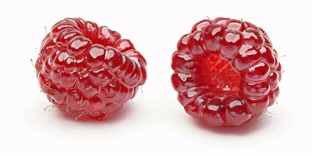 Zwei saftige reife Himbeeren auf einem weißen Hintergrund