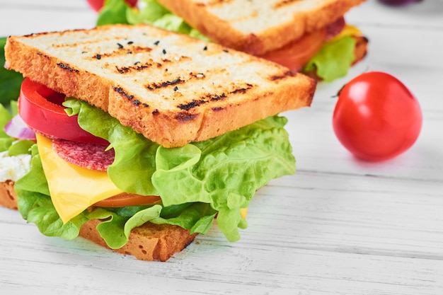 Zwei Sandwiches mit Schinken, Salat und frischem Gemüse auf einem weißen