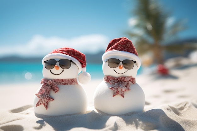 Zwei Sandy Christmas Schneemänner feiern Weihnachten an einem wunderschönen Strand. Generative KI