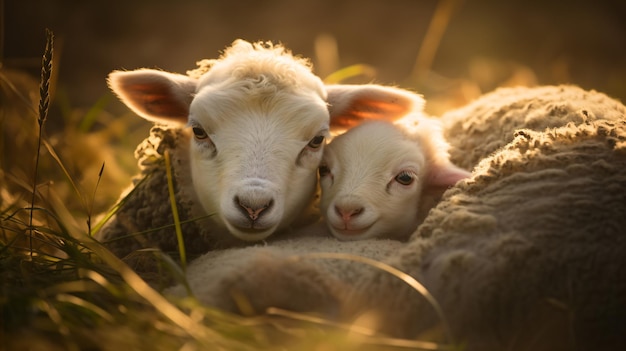 Zwei Schafe liegen zusammen im Gras