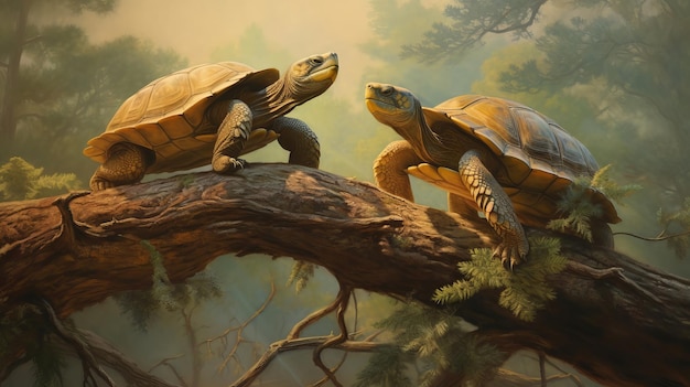 Zwei Schildkröten auf Baumteilung. Kreative Ressource AI generiert