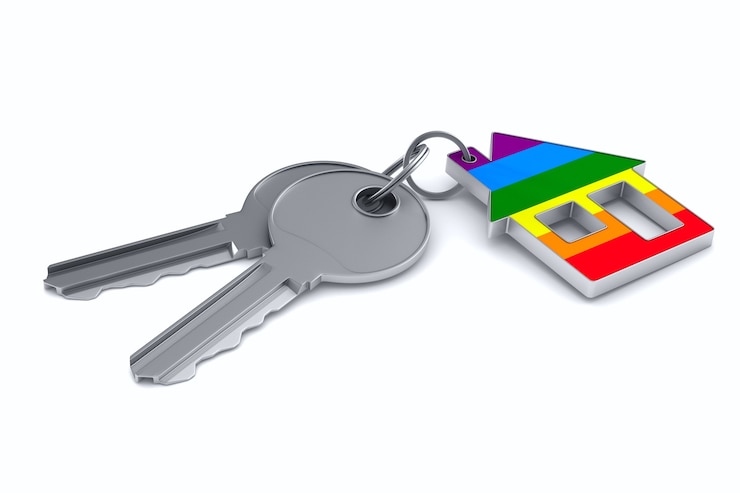 Foto zwei schlüssel und lgbt-haus auf weißem hintergrund. isolierte 3d-darstellung
