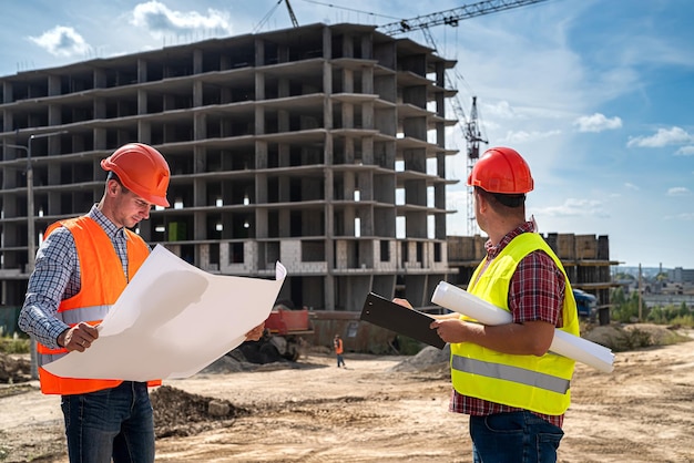 Zwei schöne Arbeiter in Uniform auf einer Baustelle erwägen einen Plan Baumaschinen