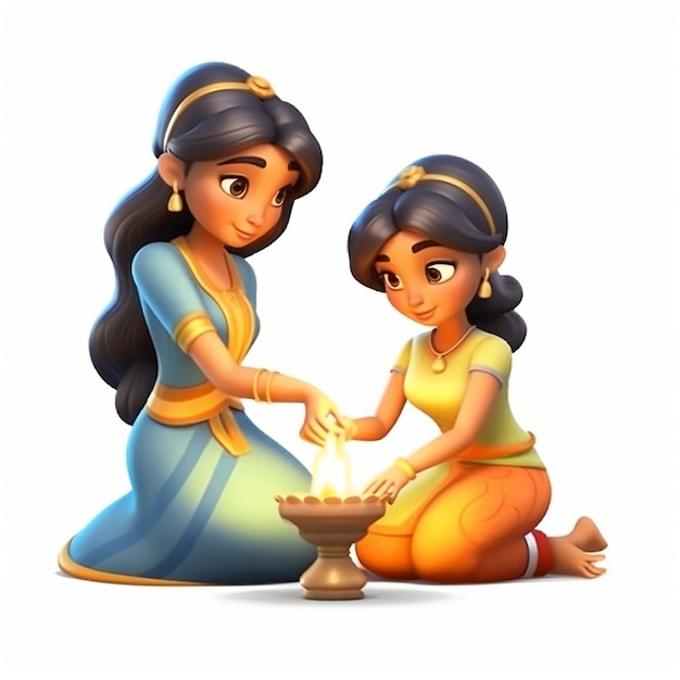 Zwei schöne Frauen in Saris beleuchten und halten eine Öllampe in der Hand