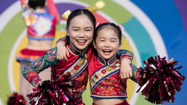 Zwei schöne, fröhliche asiatische Damen-Schwestern