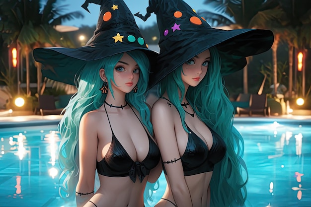 Zwei schöne heiße Hexen im Bikini küssen sich am Pool