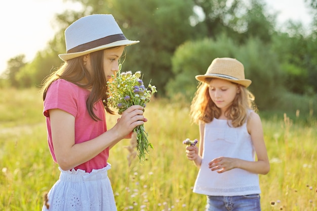 Zwei schöne hübsche Mädchenkinder reißen Wildblumen auf sonniger Wiese, malerische Landschaft, goldene Stunde. Kindheit, Sommer, Natur, Schönheit, Kinderkonzept