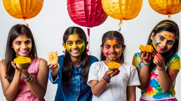 zwei schöne indische Mädchen mit Farben und Süßigkeiten oder Pichkari auf Holi-Festival