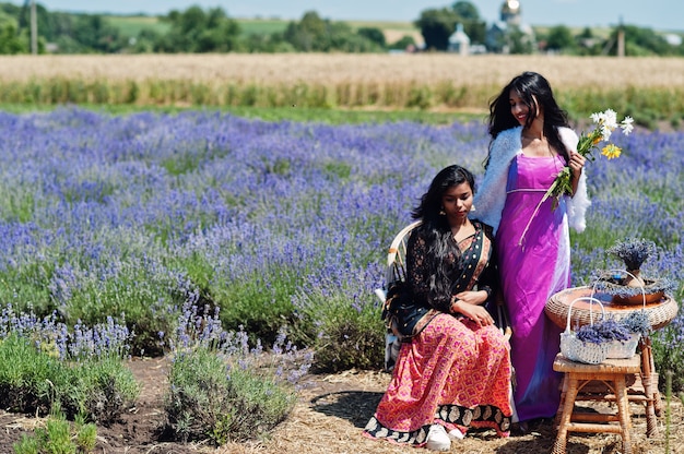 Zwei schöne indische Mädchen tragen Saree-Indien-Tracht im lila Lavendelfeld.