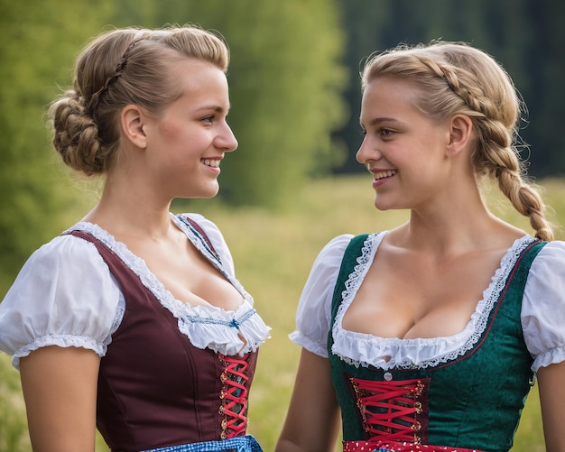 Zwei schöne junge Frauen in bayerischen Kleidern