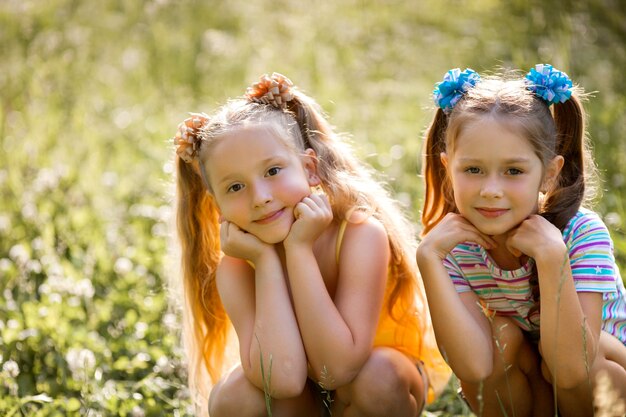 Foto zwei schöne junge freudige mädchen im sommer im park