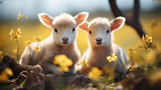 Zwei schöne kleine Lammchen sitzen auf einer Wiese mit gelben Blumen