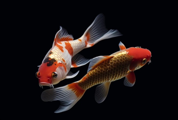 Zwei schöne Koi-Fische isoliert auf schwarzem Hintergrund, generative KI