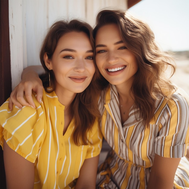 Foto zwei schöne, lächelnde, junge, brünette frauen in modischen sommerkleidung