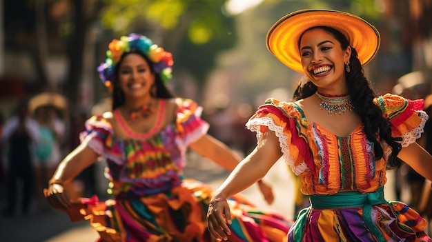 Zwei schöne mexikanische Frauen tanzen in traditionellen mexikanischen Hüten und Kleidern