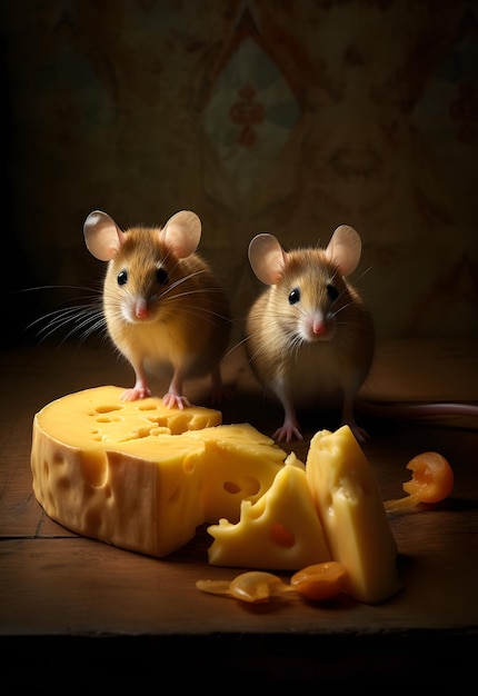 Zwei schöne Ratten und Käse auf einem Holztisch, dunkler Hintergrund