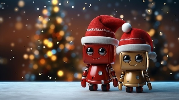 Foto zwei schöne roboter mit weihnachtshüten auf weihnachten-bokeh-hintergrund