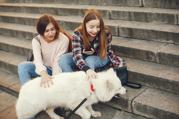 Zwei schöne und helle Freunde, die im Frühjahr sonnige Stadt mit Hund sitzen