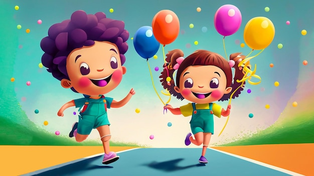 zwei schöne Zeichentrickfiguren fliegen farbenfrohe Ballons und Bänder in einer festlichen Umgebung als breites Verbot