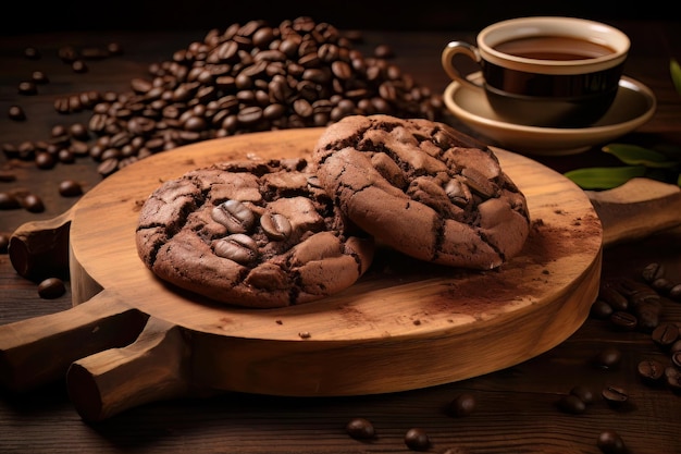 Zwei Schokoladenkekse auf Holzteller mit Kaffee