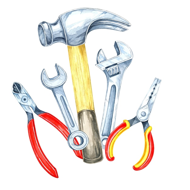 Zwei Schraubenschlüssel Hammer und eine roten Zangen Illustration Handgemalte Aquarell Clipart Ideal für Autoreparaturen