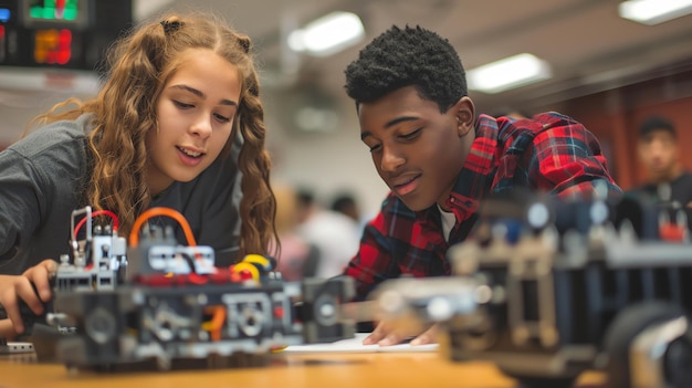 Zwei Schüler, ein Mädchen und ein Junge, arbeiten an einem Wissenschaftsprojekt. Sie sehen beide das Projekt an und lächeln. Das Mädchen hält einen Draht.