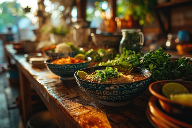 Zwei Schüsseln asiatische Nudelsuppe auf einem Holztisch