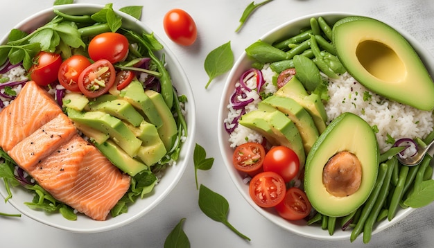 zwei Schüsseln Salat mit Avocado, Avocado und Tomaten