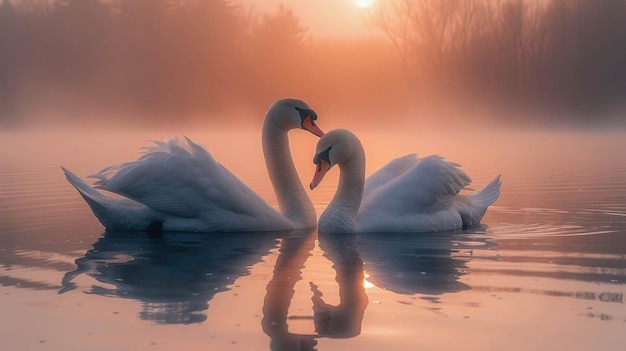 Zwei Schwäne auf einem nebligen See bei Sonnenaufgang Romantischer Hintergrund