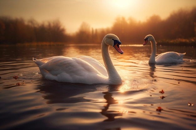 Zwei Schwäne schwimmen in einem See, hinter dem die Sonne untergeht