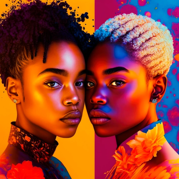Zwei schwarze Frauen, die Gesichter umarmen, die von leuchtenden blauen, orangefarbenen und rosafarbenen Lichtern beleuchtet werden