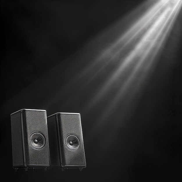 Zwei schwarze Lautsprecher auf schwarzem Hintergrund mit einem Spotlight